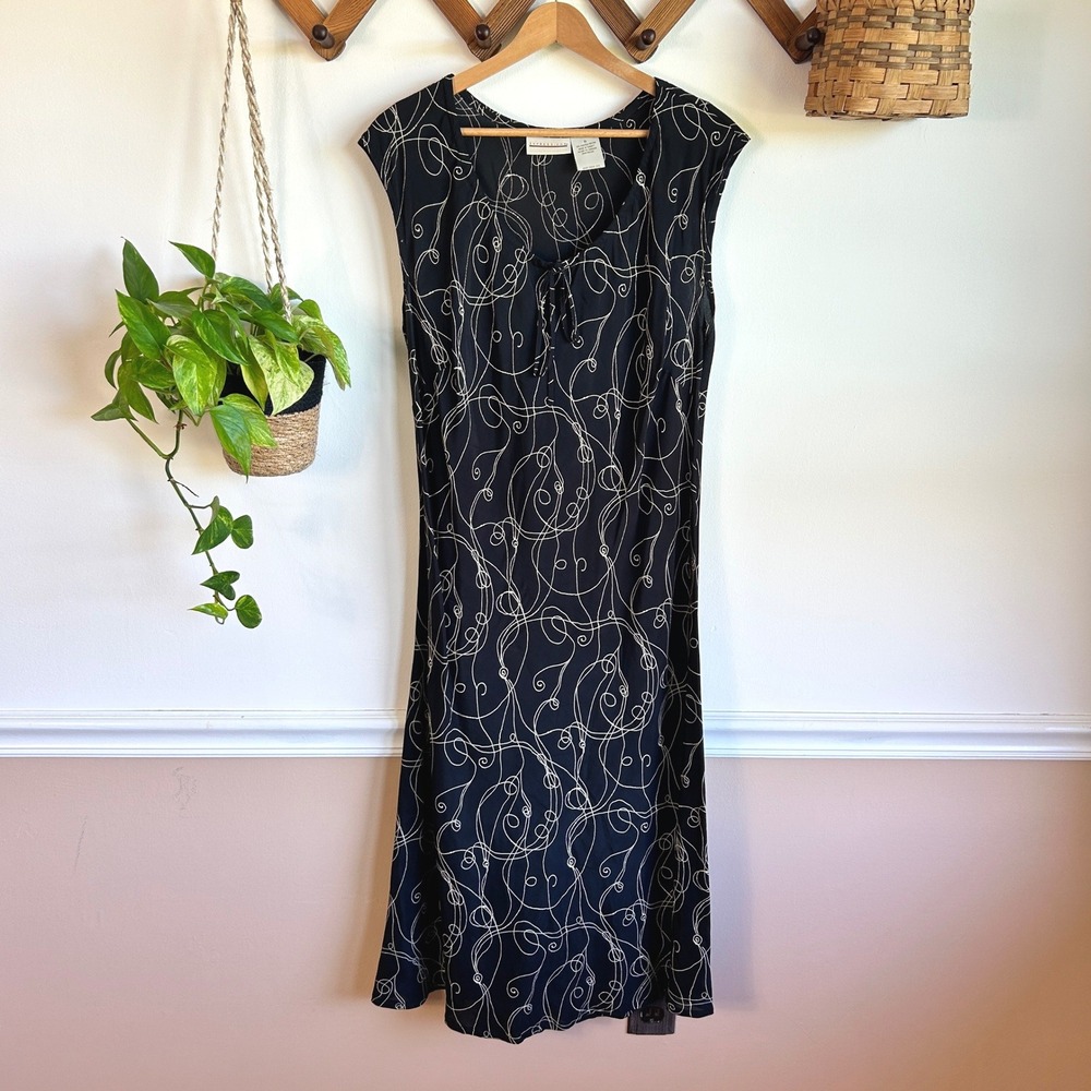 Vintage Expressions XL Black Cream Swirl Abstract Rayon Sleeveless Midi Dress